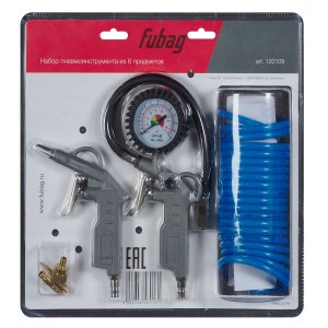 FUBAG Набор пневмоинструмента 6 предметов блистер (пистолет для накачки с манометром, продувочный пистолет, спиральный шланг 5 м,  насадки для накачки 3 шт.) FUBAG Набор пневмоинструмента 6 предметов блистер (пистолет для накачки с манометром, продувочный пистолет, спиральный шланг 5 м,  насадки для накачки 3 шт.)